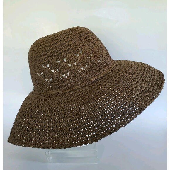 BOHO Crocheted Straw Paper Beach/Garden Sun Hat Brown Floppy Wide Brim Vtg 90s - Picture 2 of 5